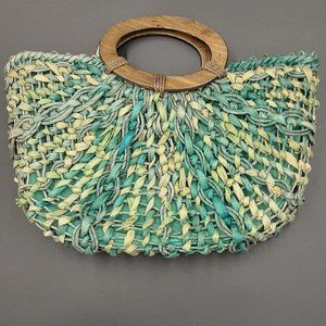 Coldwater Creek Blue and White Straw Wristlet Bag with Wooden Handels